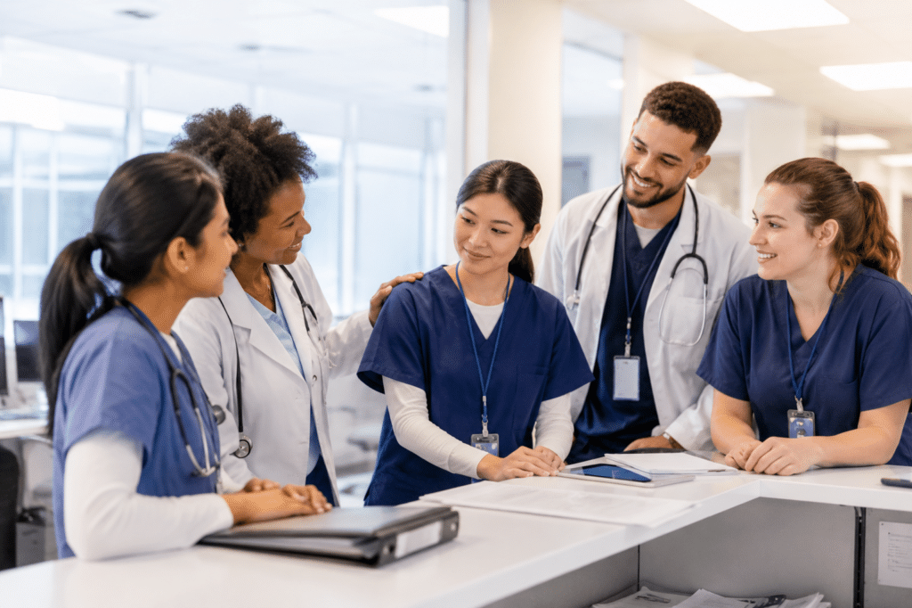 doctors and nurses grouping up on the desk